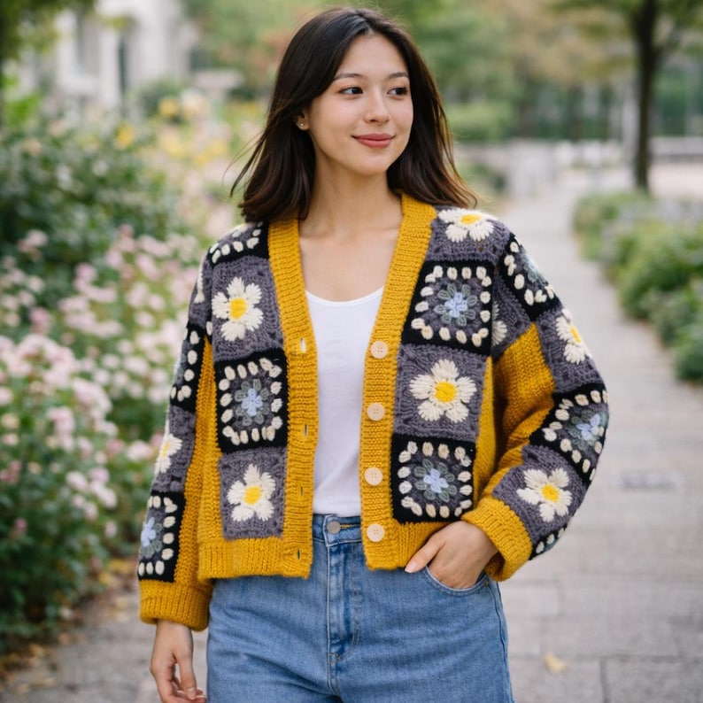 K&ouml;nnte beinhalten: Eine senfgelbe, graue und wei&szlig;e H&auml;kelstrickjacke mit Blumenmuster. Die Strickjacke hat eine Knopfleiste vorne und wird mit einem wei&szlig;en Oberteil und einer blauen Jeans getragen. Das Blumenmuster zeigt wei&szlig;e G&auml;nsebl&uuml;mchen.