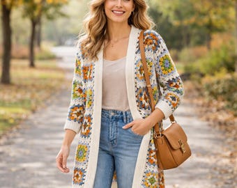 Crochet Grandma Square Coatigan Muster PDF Digitaler Download Gemütliche Oma Häkeljacke Coatigan Cardigan Easy Beginner