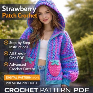 Może przedstawiać: Kapturowa kurtka zrobiona na szydełku w odcieniach niebieskiego, różowego i fioletowego, z kieszeniami w kształcie truskawek. Kurtka ma wzorzysty ścieg i jest oznaczona jako "Strawberry Patch Crochet". Obraz wskazuje również, że jest to cyfrowy wzór na szydełku.