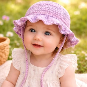 May include: A lilac crochet baby sun hat with a frilled edge and chin ties. The hat is worn by a baby with blue eyes and a white dress. The background is a blurred outdoor scene with green grass and flowers.