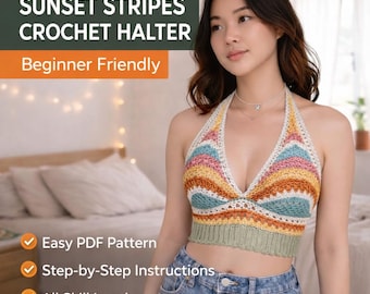 Gehaakt bralettepatroon met gehaakte halster zonsondergang strepen | Kleurrijke zomertop pdf | Gemakkelijke festivalbralette | Geschikt voor beginners