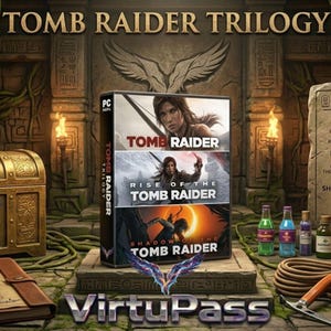 Pode incluir: Uma caixa de jogo para PC da trilogia Tomb Raider com três capas empilhadas: Tomb Raider, Rise of the Tomb Raider e Shadow of the Tomb Raider. A caixa está sobre um pedestal de pedra num cenário de templo com tochas e artefactos.