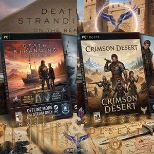 Pode incluir: Duas caixas de jogos para PC, "Death Stranding on the Beach" e "Crimson Desert", são exibidas. A caixa "Death Stranding" apresenta uma cena costeira com figuras. A caixa "Crimson Desert" mostra um grupo de guerreiros. Ambas as caixas têm detalhes e logotipos de jogos.