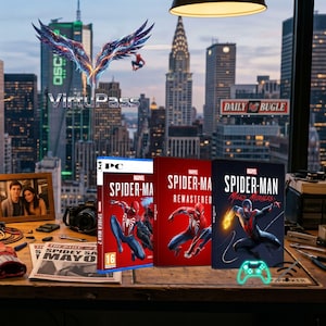 Pode incluir: Três caixas de videojogos com o Homem-Aranha, incluindo "Spider-Man 2", "Spider-Man Remastered" e "Spider-Man: Miles Morales". As caixas são exibidas numa superfície de madeira com um fundo de paisagem urbana. Uma foto emoldurada e um jornal também são visíveis.