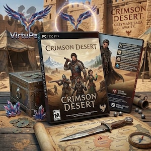 Pode incluir: Caixa do jogo para PC "Crimson Desert" com uma paisagem desértica e personagens. A arte da caixa mostra figuras com armas. Um mapa, um baú, cristais e uma adaga também estão presentes. O texto "GREYMANE SAGA AWAITS" é visível.
