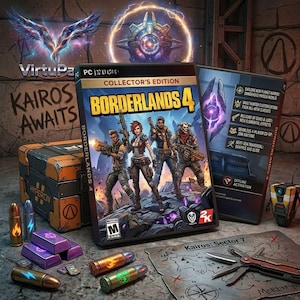Pode incluir: Edição de Colecionador do jogo para PC Borderlands 4. A caixa do jogo apresenta quatro personagens com armas. Outros itens incluem um baú do tesouro, balas e um mapa. O texto "Kairos Awaits" é visível.