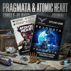 Pode incluir: Duas caixas de videojogos, "Pragmata" e "Atomic Heart", são exibidas com vários itens relacionados com jogos. A caixa "Pragmata" apresenta uma cena futurista, enquanto "Atomic Heart" mostra uma personagem. O texto diz "Single-Player Journey".