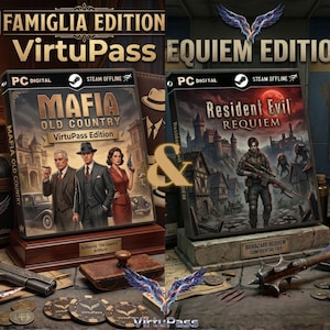 Pode incluir: Duas caixas de videojogos lado a lado. A da esquerda é "Mafia Old Country VirtuPass Edition" com um tema de gângsteres vintage. A da direita é "Resident Evil Requiem" com um tema de zumbis. Apresentadas com outros itens de jogos.