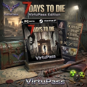Pode incluir: A caixa do jogo para PC "7 Days to Die: VirtuPass Edition" é exibida com um tema pós-apocalíptico. Um bastão de beisebol com pregos, um mapa e outros itens relacionados ao jogo também são visíveis. O logotipo e o título do jogo são proeminentes.
