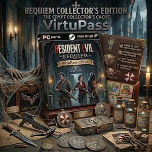 Pode incluir: Uma edição de colecionador de Resident Evil: Requiem, com uma caixa de jogo, um baú do tesouro e vários artefatos temáticos. A arte da caixa mostra três personagens com armas. Outros itens incluem moedas, chaves e frascos de poções.