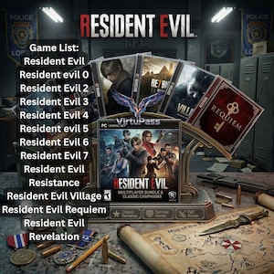 Könnte beinhalten: Eine Präsentation von Resident Evil-Videospielhüllen und verwandten Artikeln. Das Bild zeigt Spielhüllen, eine Karte, Medaillen und Kugeln. Zu den Spieletiteln gehören Resident Evil Village und Requiem. Der Text "Resident Evil" ist deutlich sichtbar.