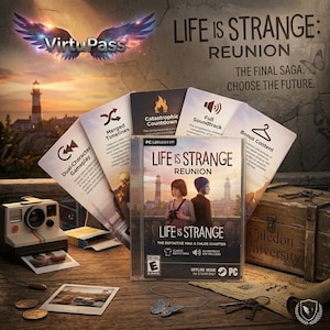 Pode incluir: Imagem promocional do jogo para PC "Life is Strange: Reunion". A imagem apresenta a capa do jogo, cartões destacando recursos, uma câmera Polaroid e outros itens temáticos. O texto diz "Life is Strange: Reunion" e "Choose the Future."