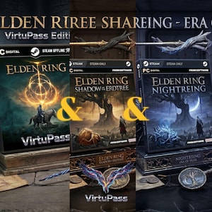 Pode incluir: Uma imagem promocional com várias caixas de jogos Elden Ring e itens promocionais. As caixas exibem obras de arte de personagens e paisagens. A imagem inclui o texto "ELDEN RING" e "VirtuPass Edition".