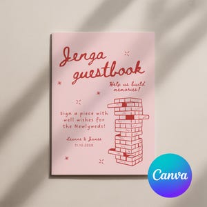 Puede incluir: Un letrero rosa de libro de visitas Jenga con texto e ilustraciones en rojo. El letrero dice "Jenga guestbook" e incluye el texto "¡Ayúdanos a construir recuerdos!" y "¡Firma una pieza con buenos deseos para los recién casados!" También se incluye la fecha 11.10.2028.