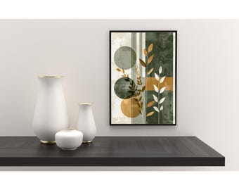 Mid Century Modern Botanical Wall Art | Abstract Green & Mustard Leaves Print | Minimalist Nature Decor