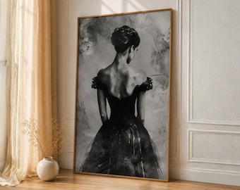 May include: Black and white framed art print of a woman in a formal gown, viewed from the back. The artwork features a detailed depiction of the woman's updo and the intricate design of her dress. The frame is a warm gold color.