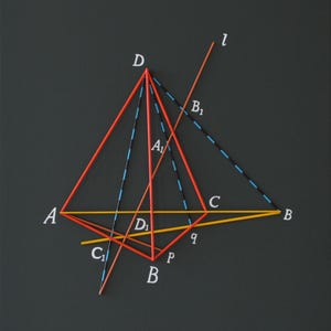 Può includere: Un modello geometrico con un tetraedro rosso con vertici e linee etichettate. Linee tratteggiate e continue in blu, nero e arancione si intersecano, creando una complessa rappresentazione visiva di concetti matematici.