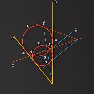 May include: Geometric diagram with two intersecting red circles, various lines, and angles labeled with Greek letters. The lines are yellow, orange, and blue against a black background. The diagram is a visual representation of mathematical concepts.