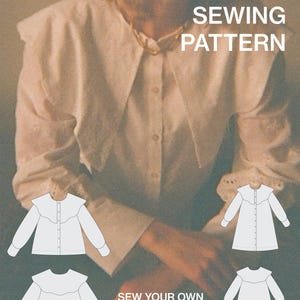 Naaipatroon blouse en jurk golvende kraag — pdf digitale download, inclusief maatvoering, statement kraag, verzamelde mouw, losse pasvorm