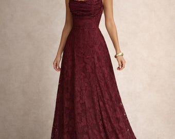 Vestido largo burdeos de encaje floral: vestido gótico romántico con cuello drapeado y vestido formal para invitada de boda.