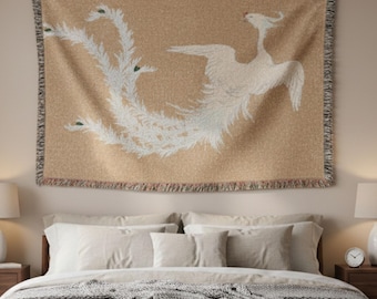 Japanese Crane Woven Tapestry, Vintage Asian Bird Wall Hanging, Neutral Nature Wall Art