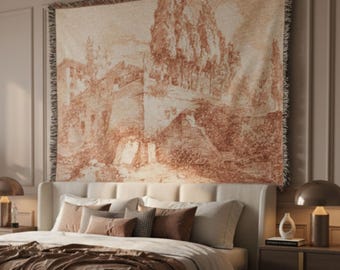 Vintage European Landscape Tapestry Wall Hanging, Old World Countryside Textile Art, Neutral Rustic Wall Decor