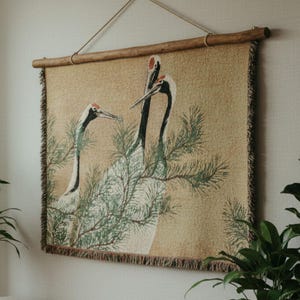 Può includere: Un arazzo da parete tessuto con un'illustrazione di gru nei toni del beige, nero e bianco. L'opera d'arte è montata su un'asta di legno e sospesa da una corda naturale. L'immagine è di un arazzo da parete decorativo.