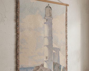 Vintage Lighthouse Tapestry Wall Hanging, Coastal Seascape Art, European Seaside Woven Wall Decor