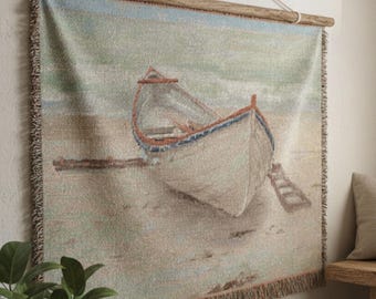 Vintage Coastal Boat Tapestry Wall Hanging, Beach Boat Woven Wall Art, European Seaside Wall Decor