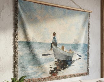 Fisherman Boat Tapestry Wall Hanging, Vintage Coastal Seascape Art, European Woven Wall Decor