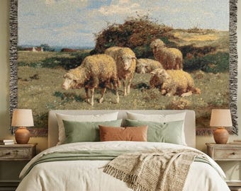 Vintage Sheep Pastoral Tapestry Wall Hanging, Farmhouse Landscape Wall Art, Rustic Countryside Decor, Cottagecore Farm Animal Art