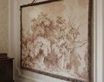 Vintage European Landscape Tapestry Wall Hanging, Old World Pastoral Textile Art, Neutral Rustic Wall Decor
