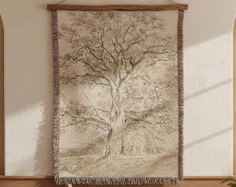 Vintage Tree Landscape Woven Tapestry Wall Hanging Old World Nature Art Neutral Rustic Home Decor