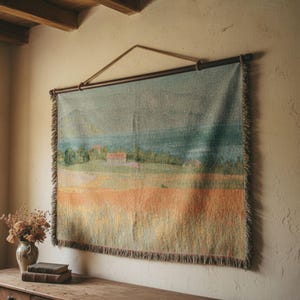 May include: A woven wall tapestry depicting a landscape scene with a field of orange and yellow hues, a body of water, and a blue sky. The tapestry is hung from a wooden rod with a rope hanger. The edges have a fringed trim.