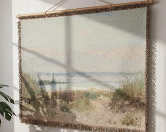 Vintage Beach Dunes Tapestry Wall Hanging, Coastal Landscape Wall Art, Ocean Shore Woven Wall Decor