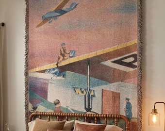 Vintage Airplane Tapestry Wall Hanging, Retro Aviation Art, 1920s Pilot Illustration, Nostalgic Travel Decor, Old World Storybook Wall Art