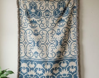Blue European Tile Tapestry Wall Hanging, Vintage Mediterranean Pattern Wall Art, Classic Woven Decor