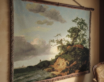 Vintage Coastal Cliff Tapestry Wall Hanging, European Landscape Seascape Art, Classic Woven Wall Decor
