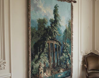 Vintage European Garden Tapestry Wall Hanging, Classical Pavilion Landscape, Old World Art Textile Decor