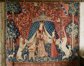 Medieval Unicorn Tapestry Wall Hanging, Lady and the Unicorn Art, Vintage European Castle Decor