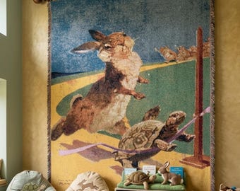 Vintage Tortoise and Hare Tapestry Wall Hanging, Classic Storybook Animal Art, Whimsical Nursery Decor