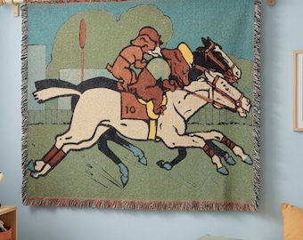 Vintage Dog Horse Racing Tapestry Wall Hanging, Whimsical Storybook Animal Art, Retro Nursery Decor