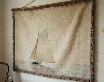 Vintage Sailboat Tapestry Wall Hanging, Minimal Coastal Seascape Art, Neutral Nautical Woven Wall Decor