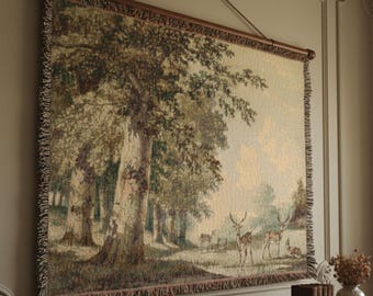 Vintage Deer Landscape Tapestry Wall Hanging, European Pastoral Forest Art, Classic Cottage Wall Decor