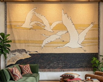 Japanese Style Bird Tapestry Wall Hanging, Vintage Seagulls Ocean Scene, Minimalist Zen Coastal Art