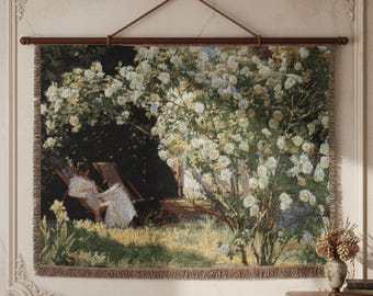 Impressionist Garden Tapestry Wall Hanging, Monet Style Cottage Garden Art, Vintage Floral Woven Wall Decor