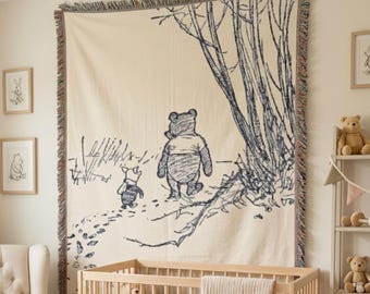 Winnie the Pooh Classic Illustration Tapestry, Vintage Storybook Nursery Wall Decor, Pooh and Piglet Art