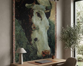 Vintage Cow Tapestry Wall Hanging, Farmhouse Animal Wall Art, Rustic Cottage Decor, Antique Farm Illustration, Country Western Wall Art