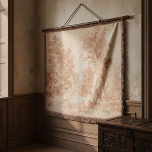 May include: A tapestry with a pastoral scene in shades of cream and rust, hanging from a wooden rod with a rope. The tapestry has a fringed edge and is mounted on a wall with wood paneling.