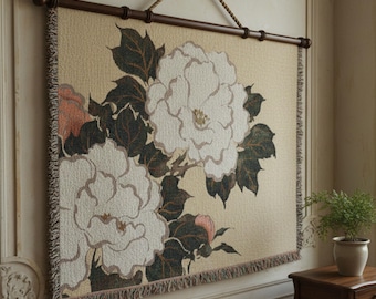 Japanese Peony Woven Tapestry, Vintage Floral Wall Hanging, Asian Botanical Textile Wall Art